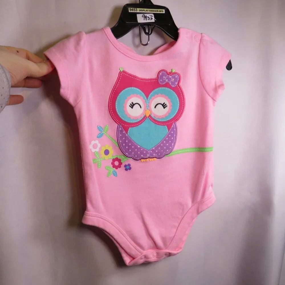 Baby Pink Owl with bow on back bodysuit 3-6mts 100% cotton